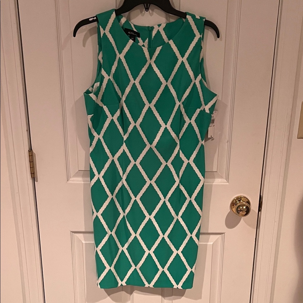 Calvin Klein Teal and White Diamond Pattern Midi Dress